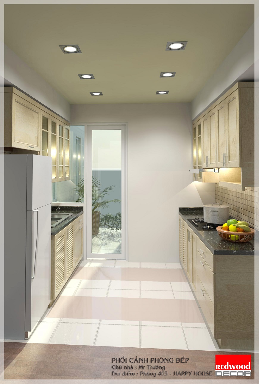 Căn hộ số 03, T11, Happy House Việt Hưng - Bếp với diện tích khá nhỏ được phối các màu sáng tạo cảm giác rộng rãi hơn.